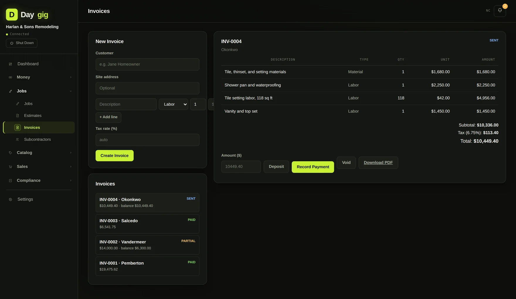 A Daygig invoice with itemized labor and materials, tax, and outstanding balance