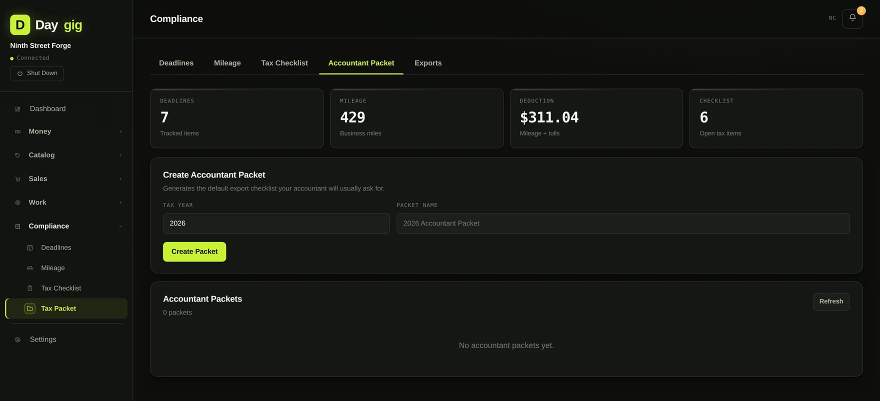 Daygig's accountant packet builder listing the exports included in a year-end package